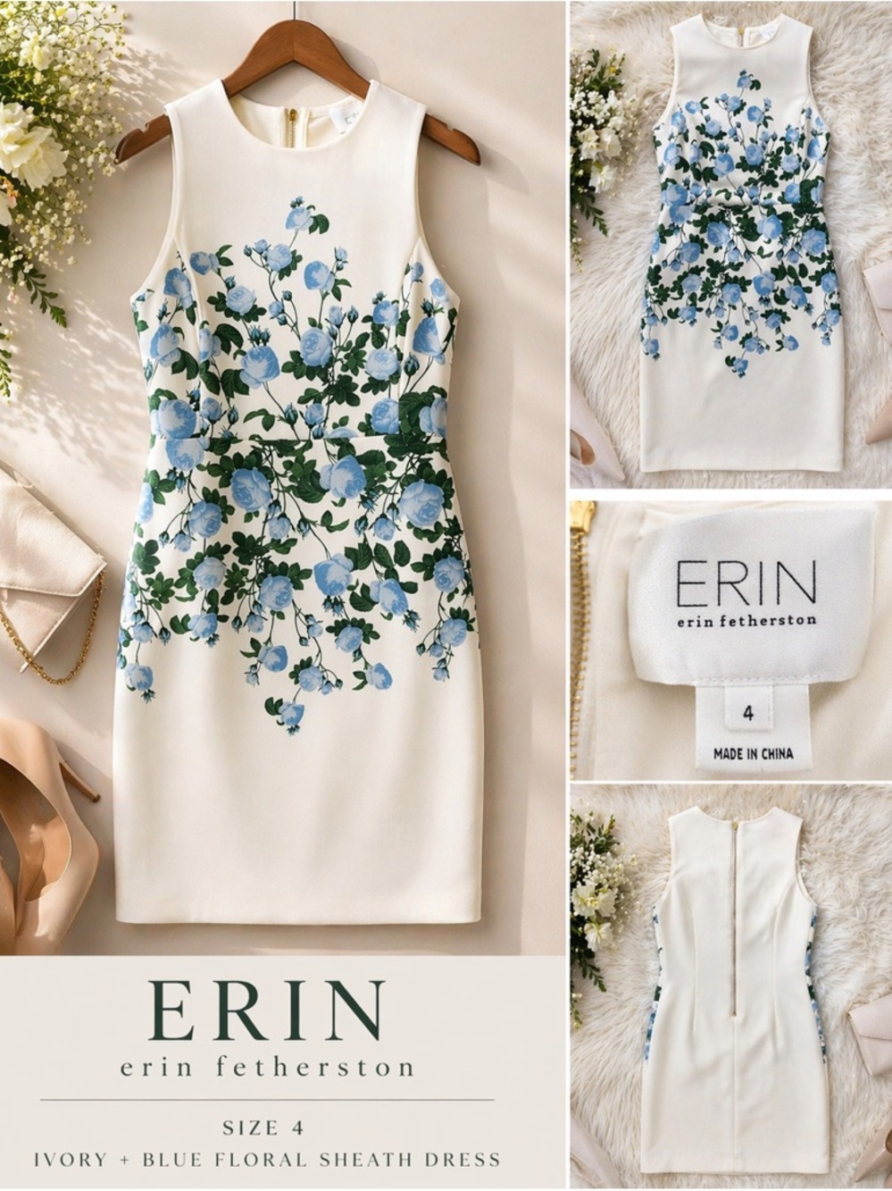 ERIN Erin Fetherston Blue Floral Sheath Dress Ivory Sleeveless Size 4